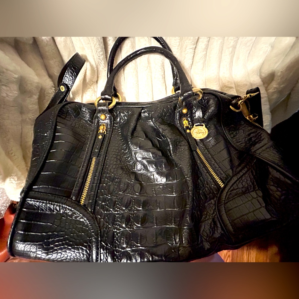 Brahmin Black Crocodile-Embossed Leather Bag